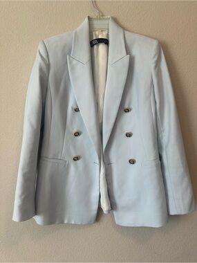 ZARA Women Double-Breasted Light Blue Blazer